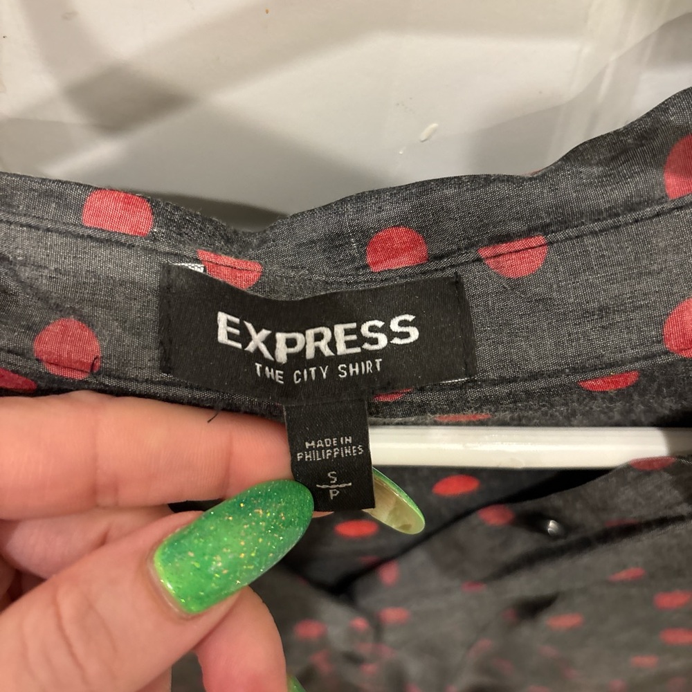 Express Charcoal And Red Polka Dot Button Down Sh… - image 3